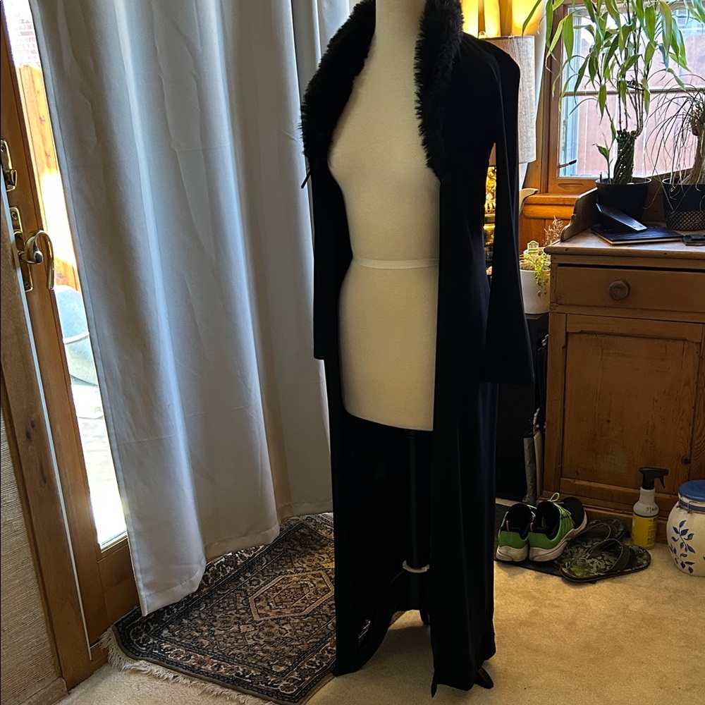 PerSeption Black Floor Length Coverup with Faux Fur Collar - Picture 2 of 7